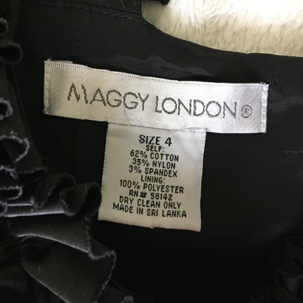Maggy London Black Cocktail Ruffle Neckline Satin Sheen Sleeveless Dress Size 4 - Picture 8 of 9